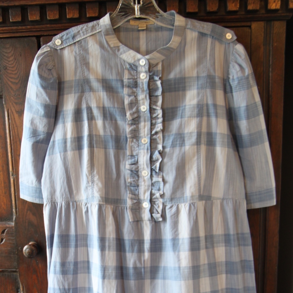 Burberry Blue Plaid Cotton Ruffle Shirt Dress
